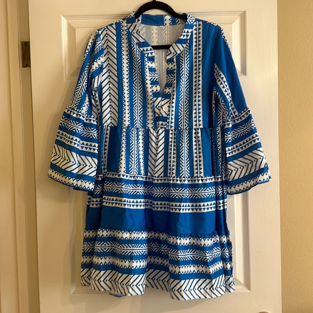 Vibrant Boho Blue and White Tiered Mini Dress